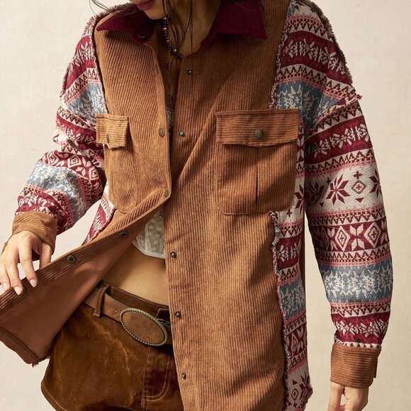 Multicolor Casual Women's Patchwork Corduroy Music Festival Blouse - Picture 4 of 8